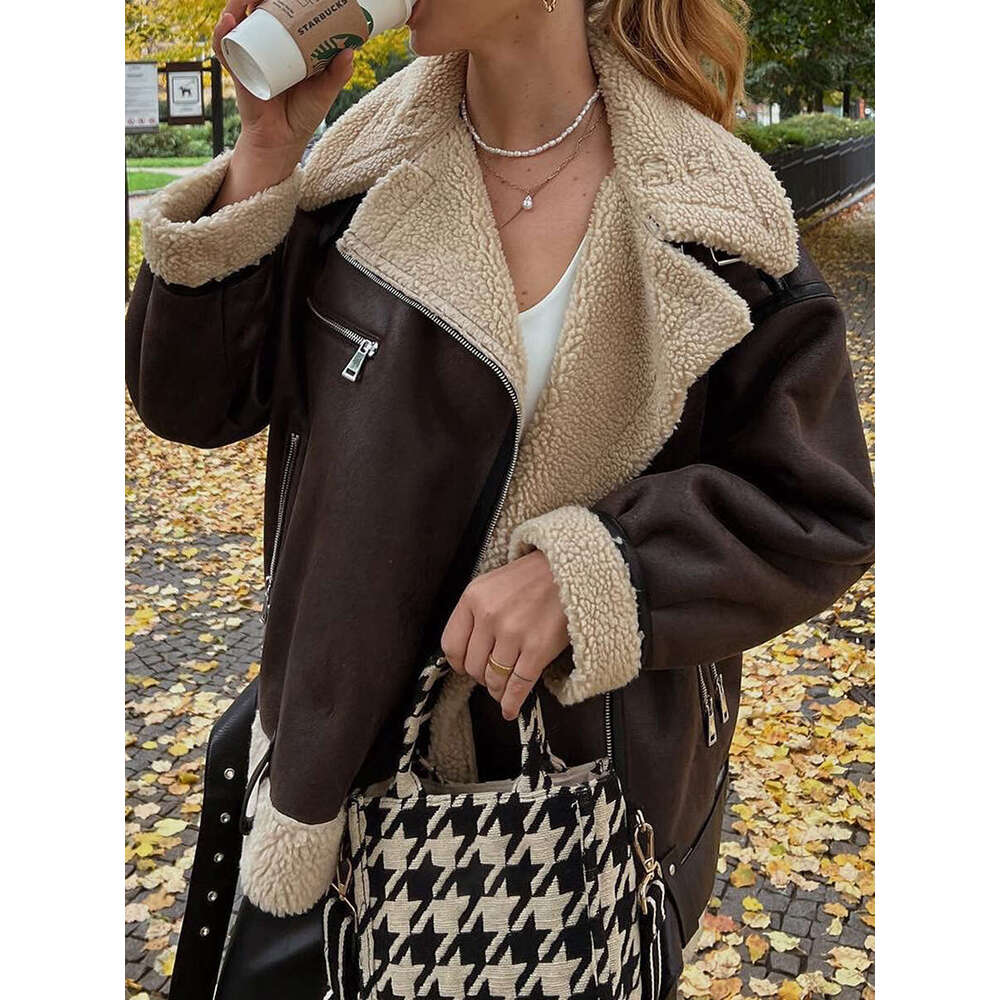 Women PU Leather Coat Faux Lamb Lapel Collar Fleece Ing Long Sleeve Zipper Jacket Outwear With Pockets
