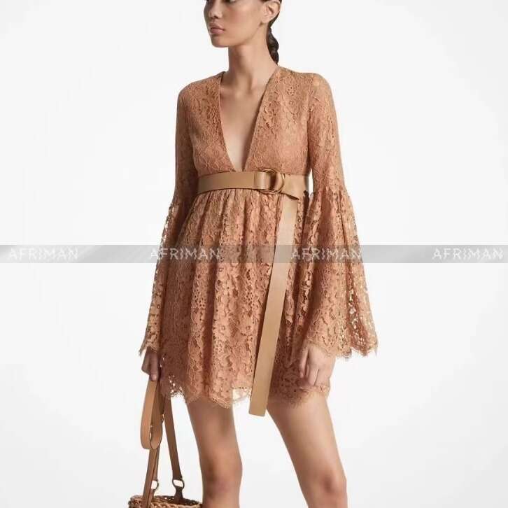 2024 Autumn New V Neck Big Flare Sleeve Pure Color Lace Dress