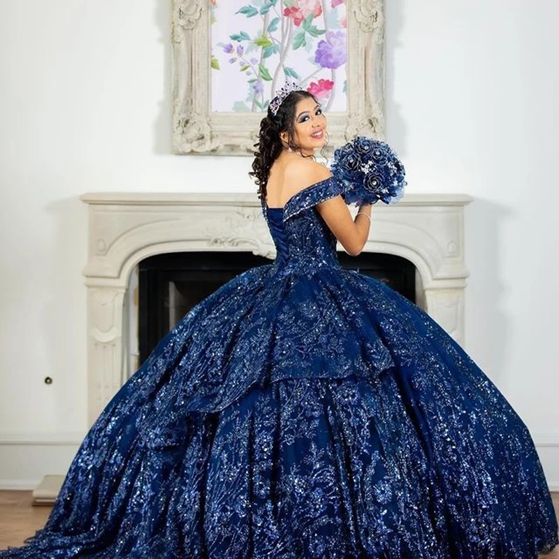 Navy Blue Shiny Quinceanera Dresses Beaded Sequined Applique Lace Tull Sweet 16 Dress Ball Gown Lace Up vestidos de 15 anos