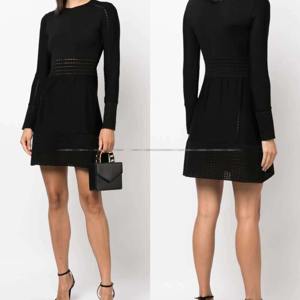 Women Hollow Out Waist V Neck Long Sleeve Ball Gown Knitted Mini Dress