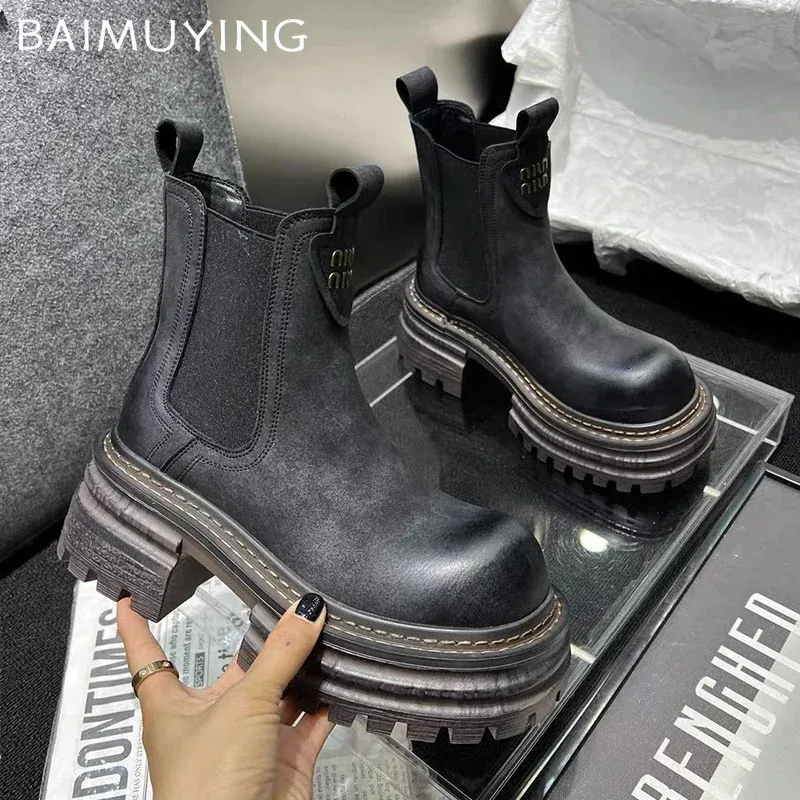 Womens ankle snow with platform soles Mid-heel fashion leather shoes womens Winter trend casual Goth style Knight boots Botas Mujer 241118