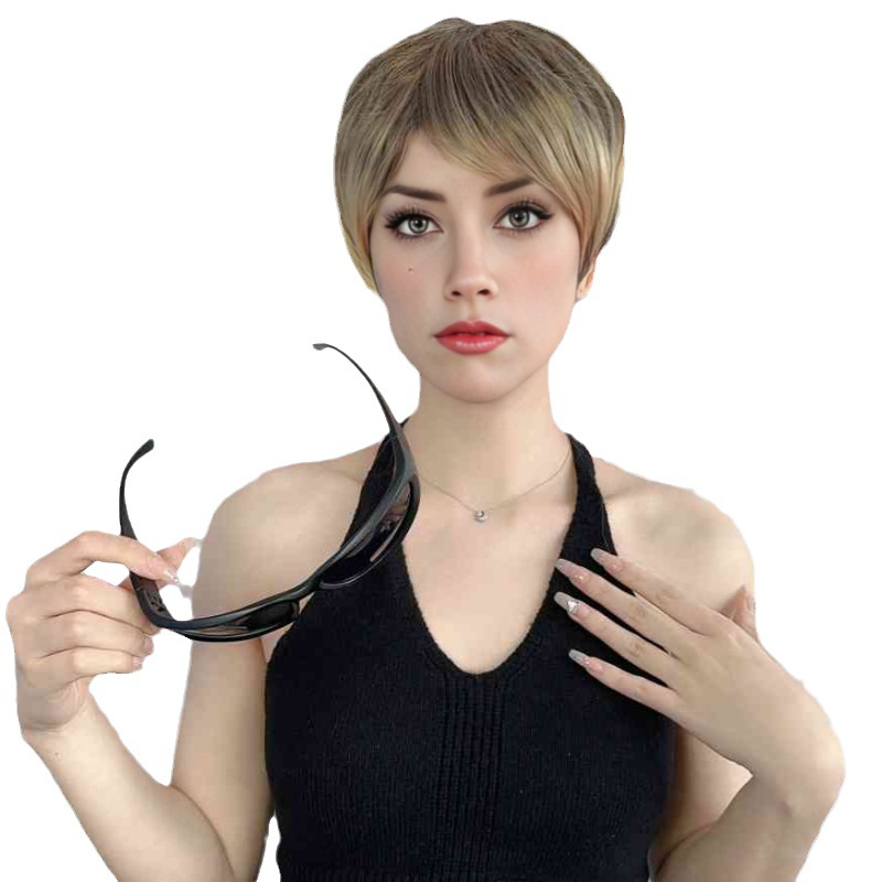 Fashion wig for women with side-parted bangs and exposed ears full headpiece short hair