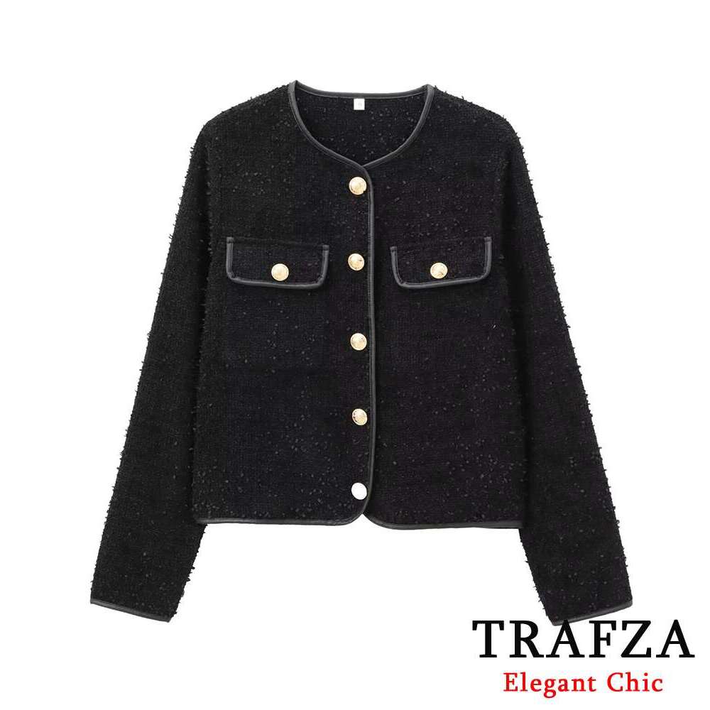 TRAFZA Women Fashion Metallic Color E Textured Button Pocket Jacket 2024 Autumn Winter Vintage Commuter Coat