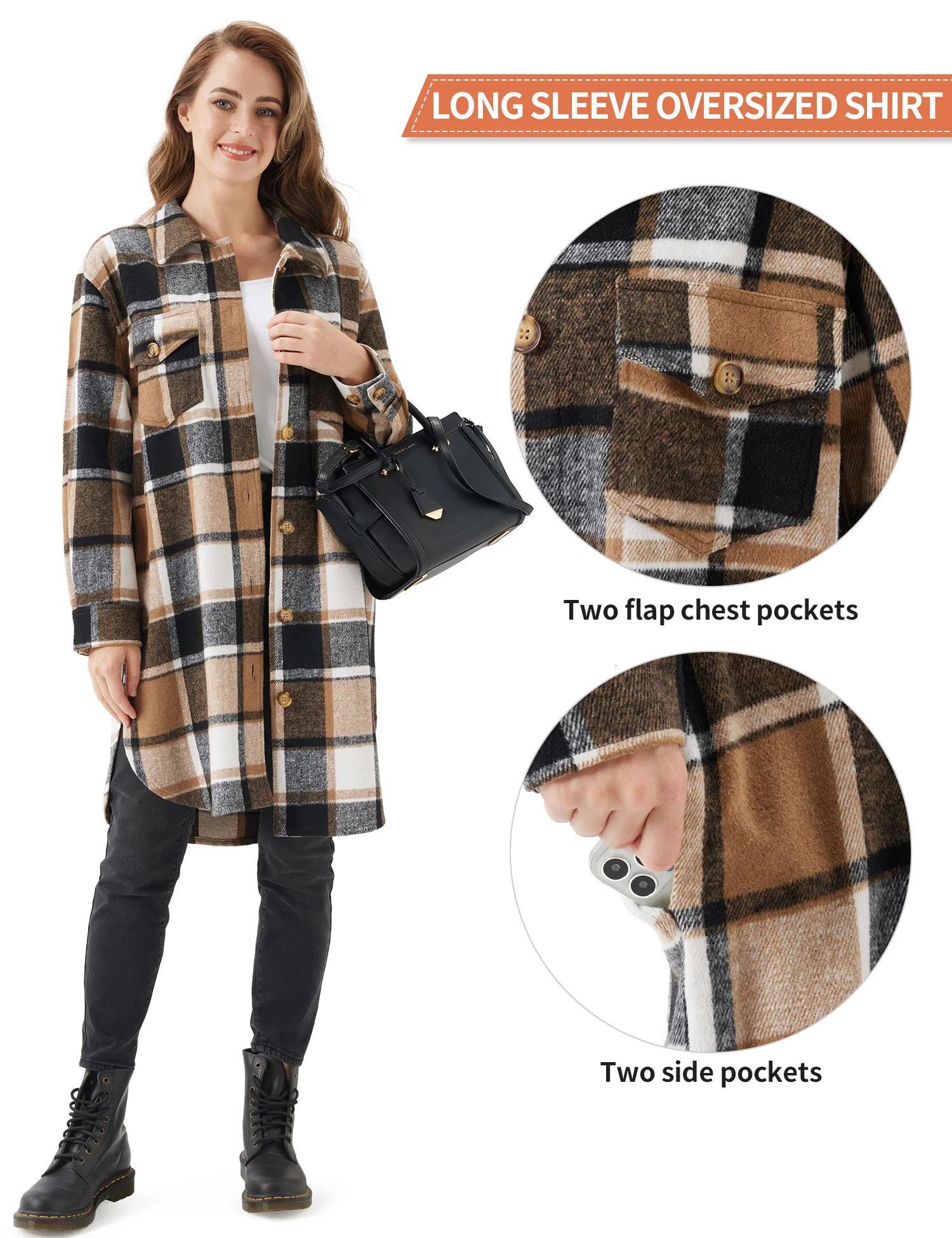UR Womens Oversized Plaid Shacket Cozy Long Sleeve Button Down Jacket with Pockets Knee LengthPlus SizeCropped 241024