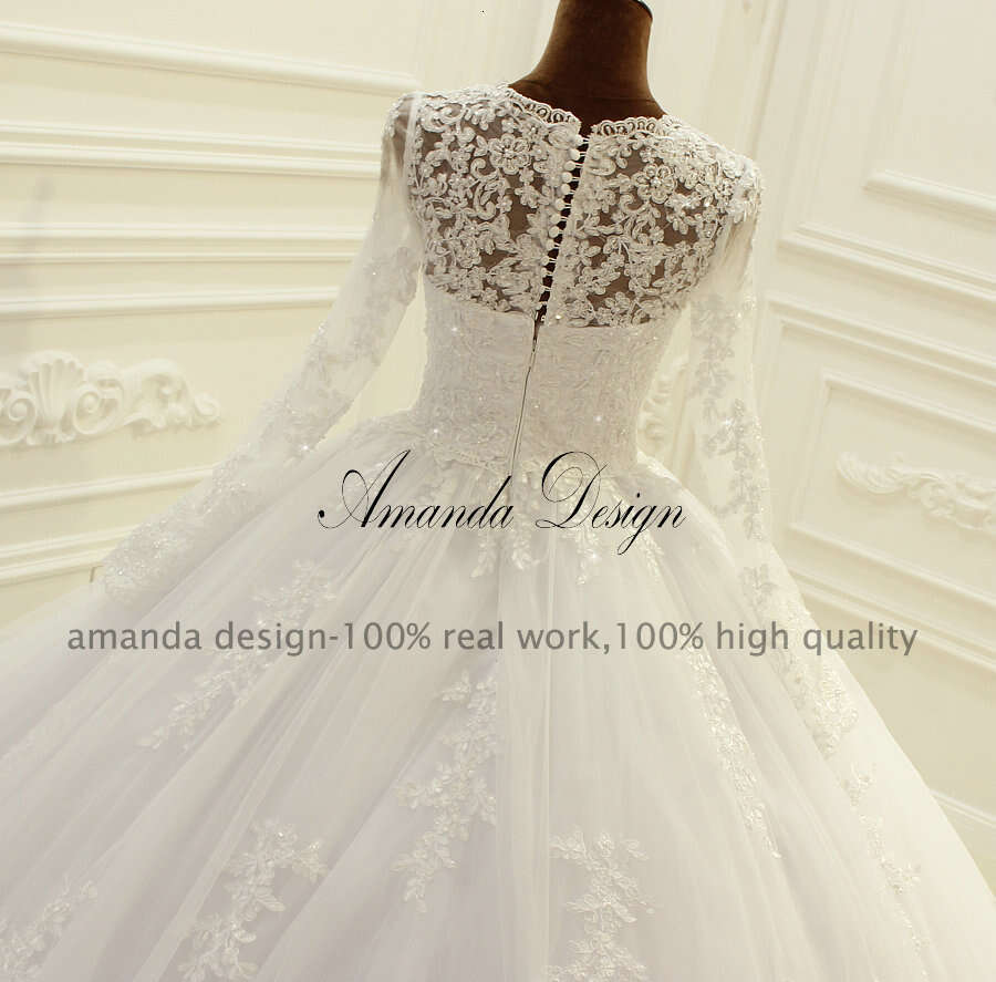 Amanda Design High Quality Long Sleeve Lace Appliques Puffy Empire Wedding Dress