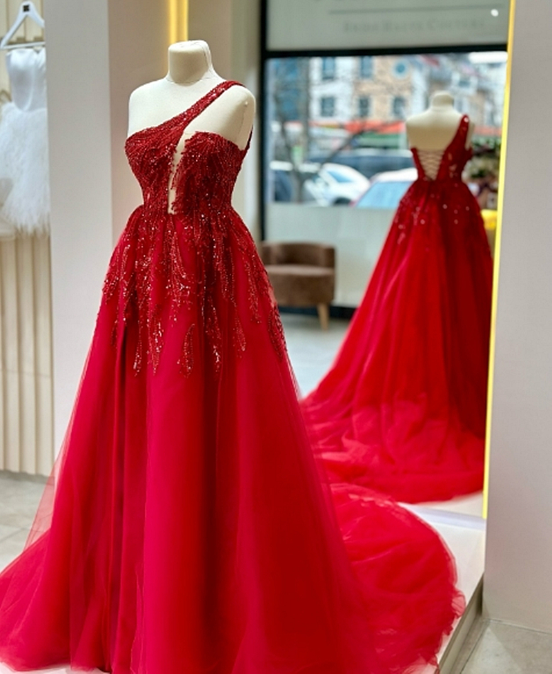 Chic One Shoulder Red Prom Dresses With Sequins Lace Appliques Sleeveless Strap Lace-Up A Line Tulle Evening Gowns Side Slit Special Occasion Dress Ce