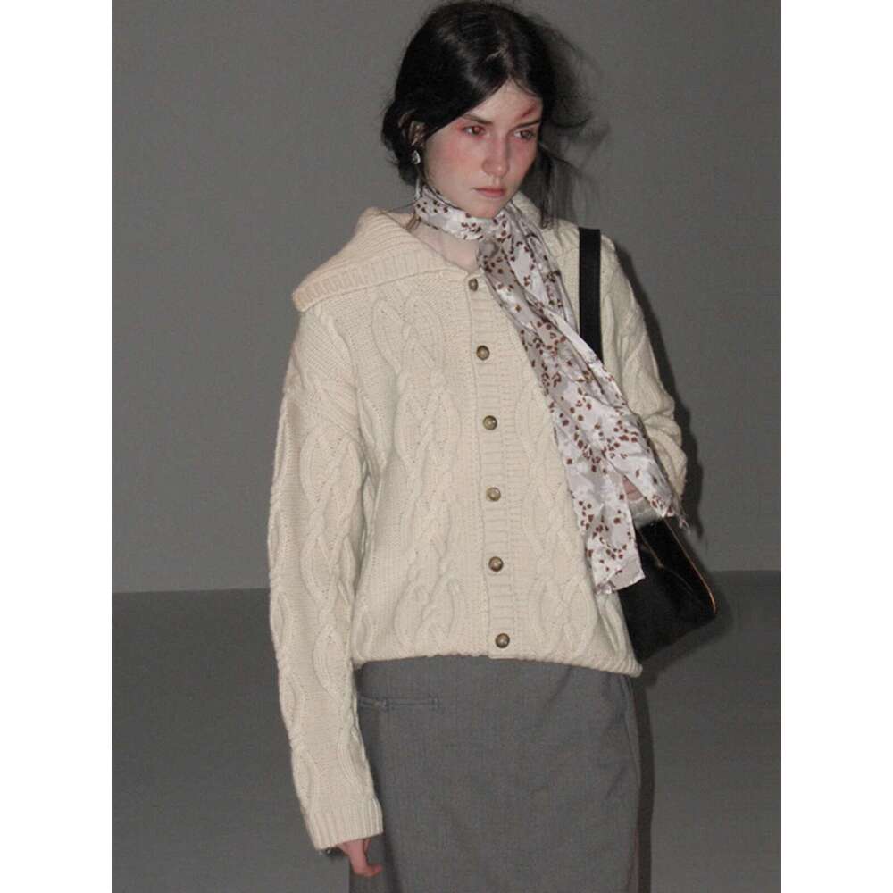 Lapel Twist 100%Cashmere Cardigan POLO Neck Loose Sweater Women's Coat Thick Knit Winter