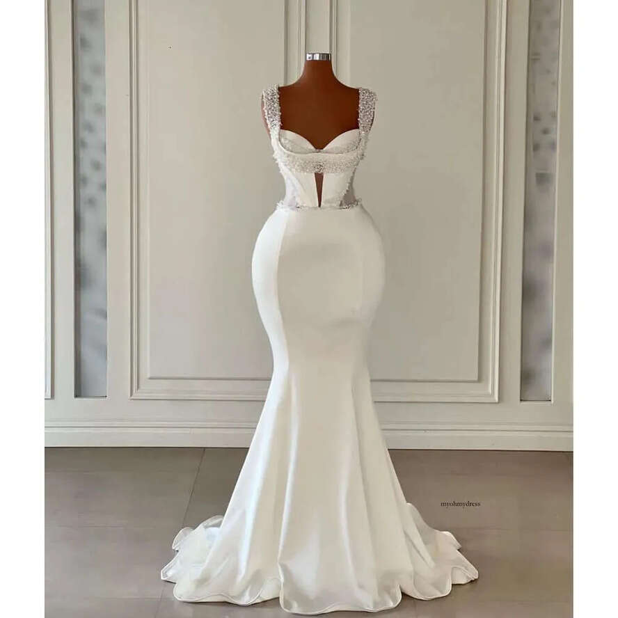 Elgant Mrmaid Prom Drsss Slss V Nck Straps Appliqus Squins Badd 3D Lac Parls Satin Or Lngth Evning Drss Bridal Gowns Plus Siz Custom 0431