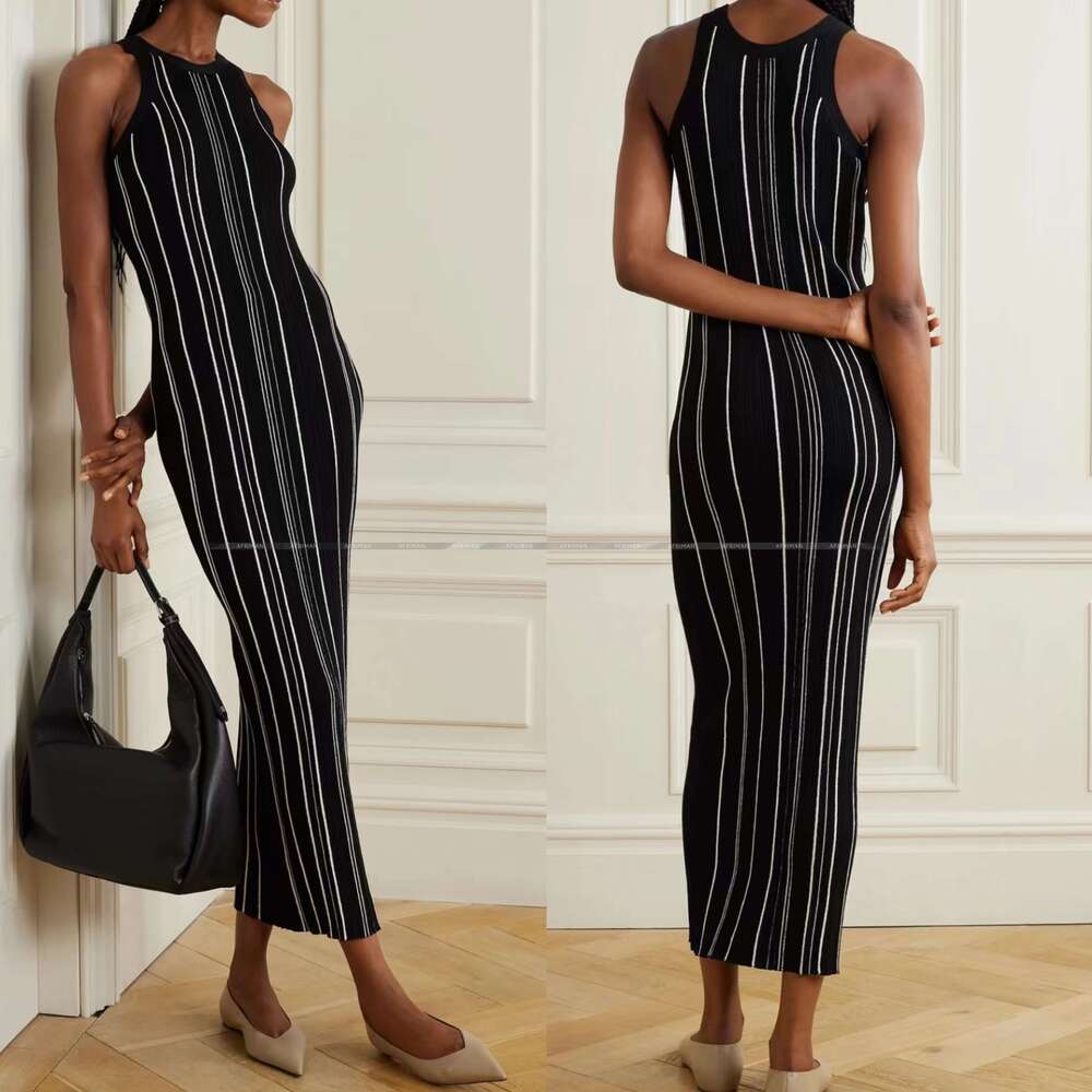 Women Braided Trim Cable Knit Round Neck Sleeveless Striped Slim Long Step Dress