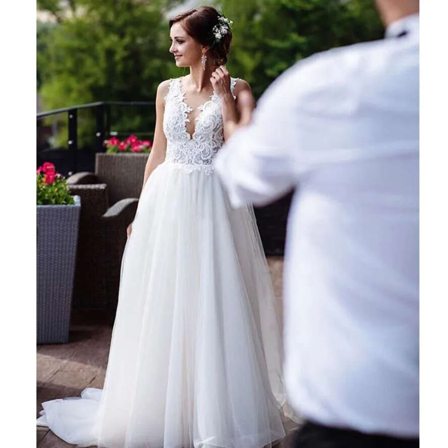 2021 A-E Beach Dresses Summer Boho Bride Dress With Detachable Train Backless Appliques Tulle Wedding Gowns Plus Size Wers V-Neck Lace 0509