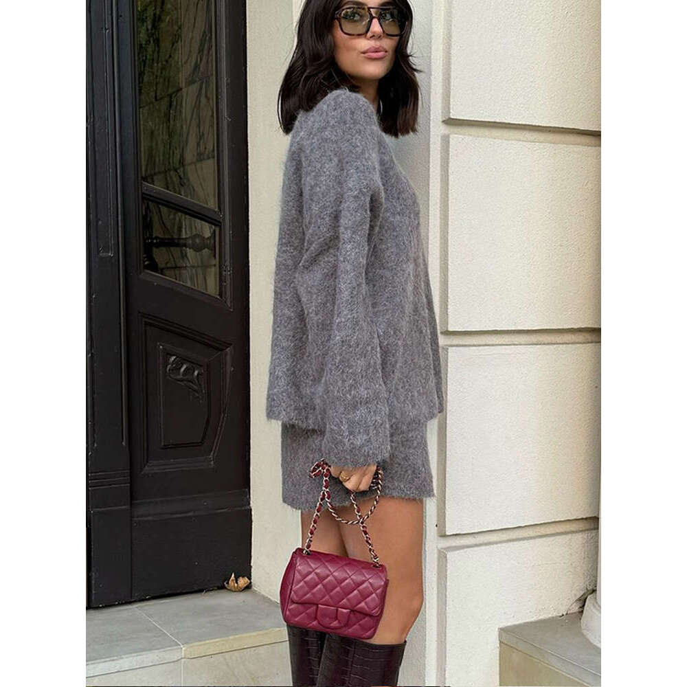 Fashion Grey Mohair Knitted Sweater 2 Pieces Skirt Sets Women Chic Oversized O-Neck Cropped Pullover Suits Lady Commute Outwear