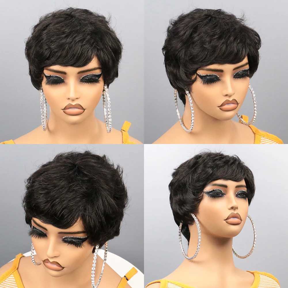 E-cut wig short Bob wig layered E-cut wig black female Brazilian Remy without glue or lace M241028