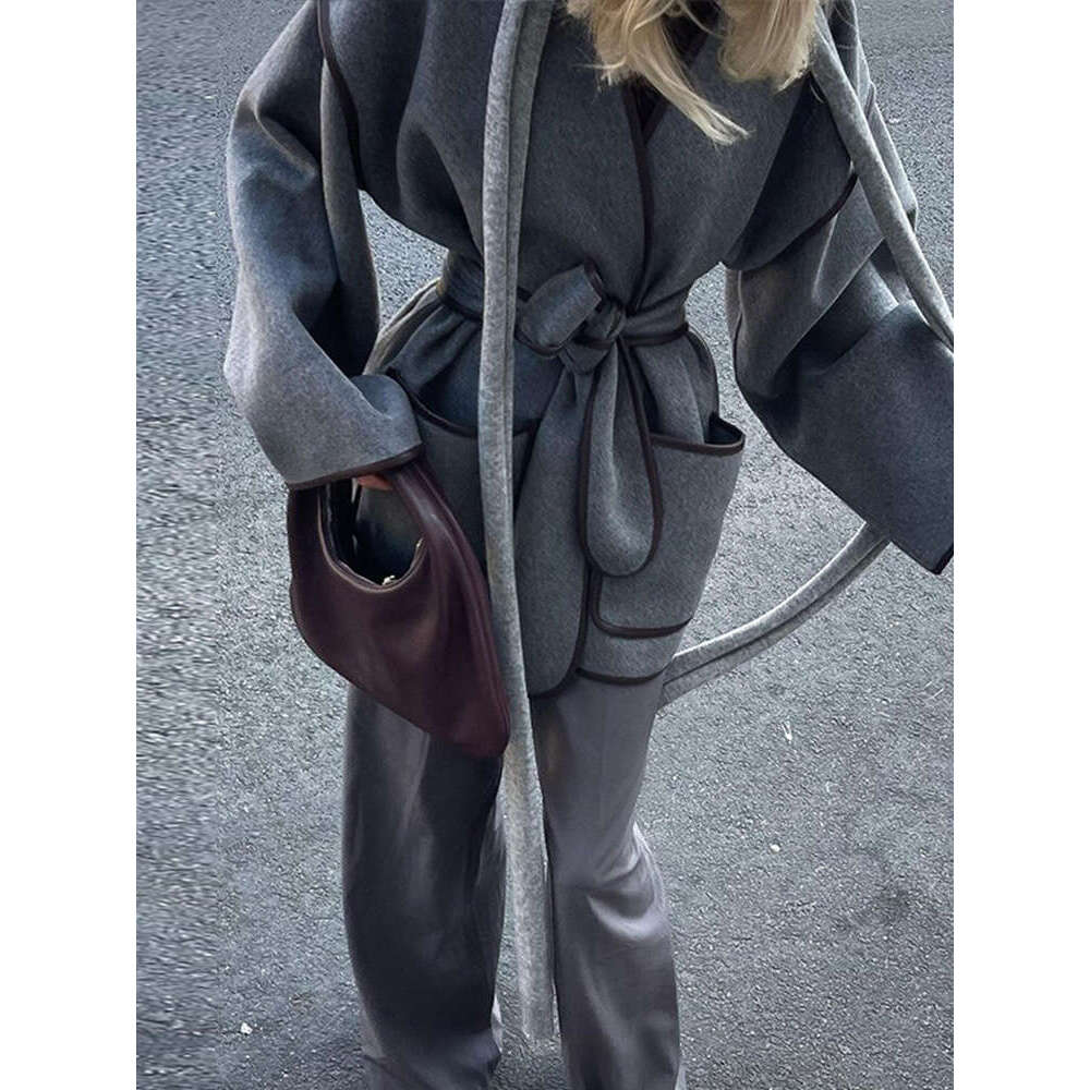 Lace Up Patchwork Women Coat V-Neck Loose Long Sleeve Pocket Female Jacket 2024 Elegant Autumn Winter New Office Lady Outwears