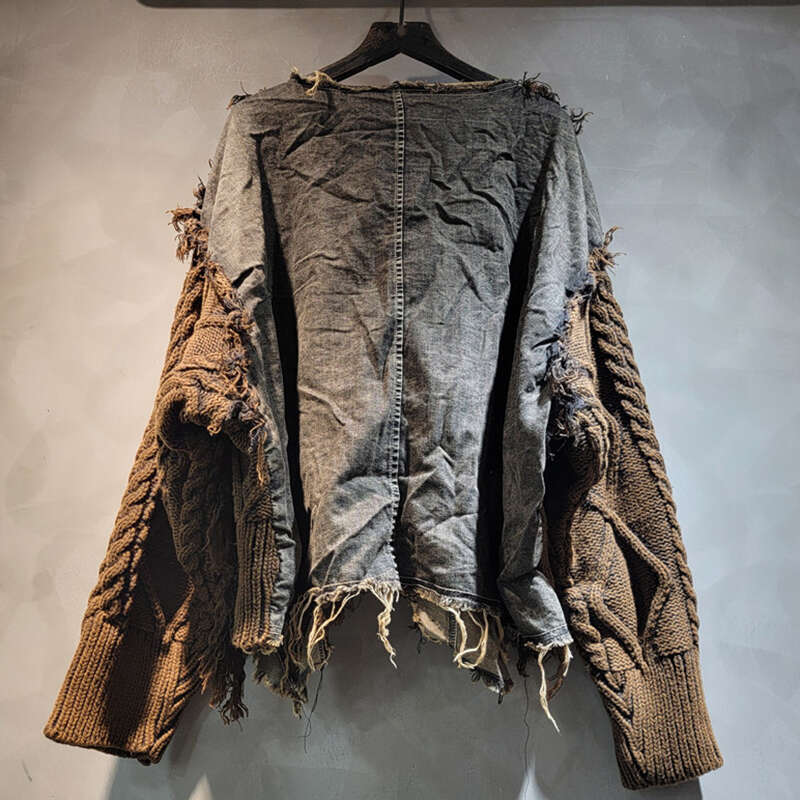 DEAT 2024 Autumn New Items Fashion Women's Twists Knitted Splice Denim Short Sweater Loose O-Neck Long Sleeve Top Female 29L8195