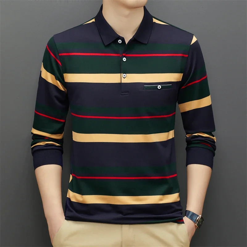 Mens Casual Stripe Plaid Long Sleeve Polo Shirt Fashion Top y241024