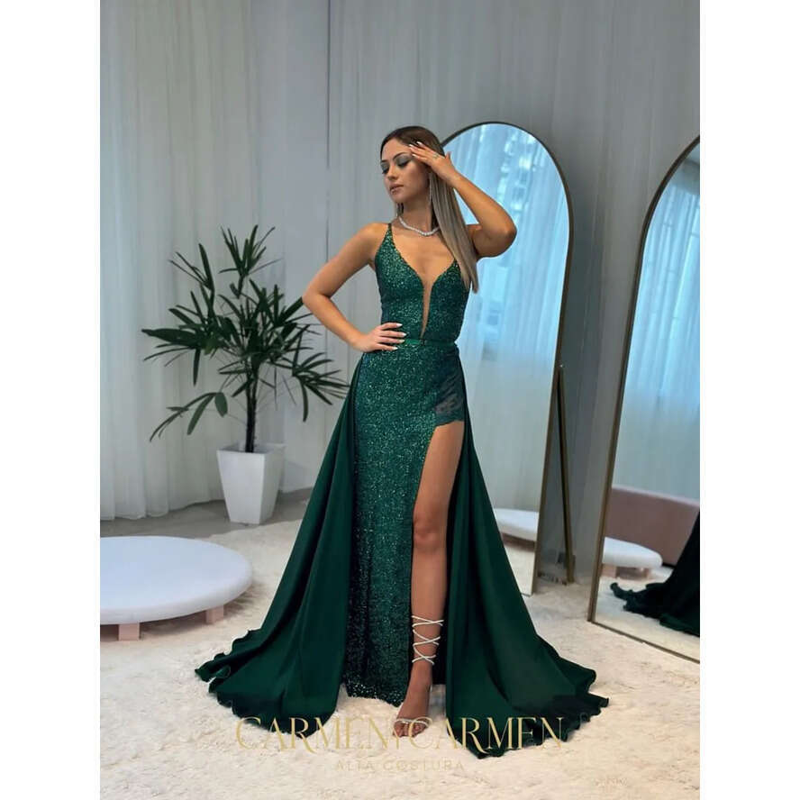 Green Dark Prom Dress High Split Evening Elegant Detachable Overskirt Glitter Sequins Illusion Lace Party Dresses For Special Ocns