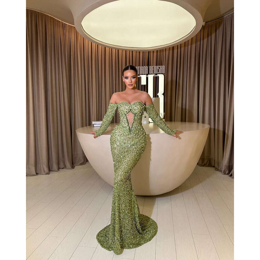 Green Sequins Mermaid Evening Dresses Off Shoulder Keyhole Neck Pearls Party Prom Formal Long Red Carpet Dress For Special Ocn 0515