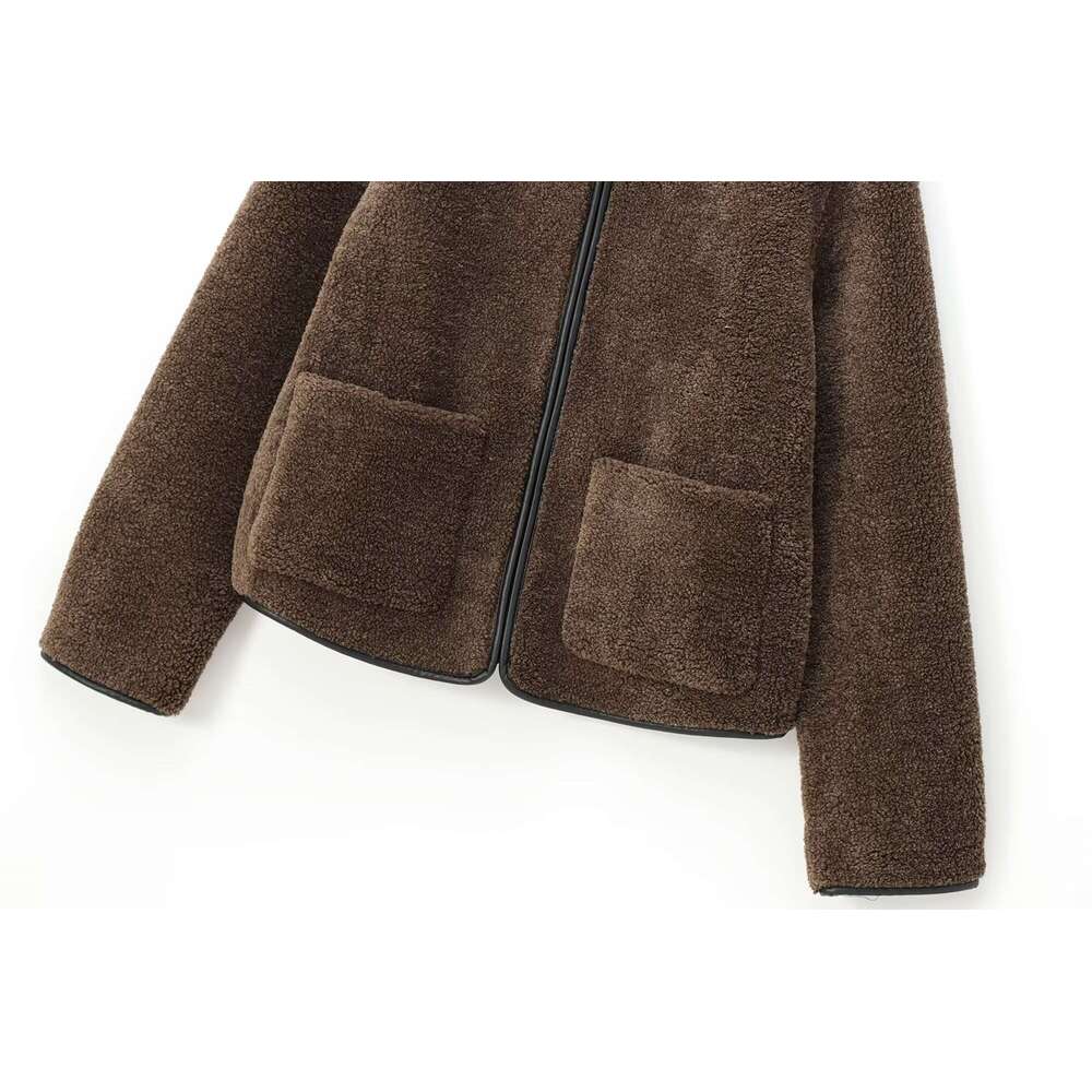 TRAFZA Women Vintage O-Neck Zipper Deep Brown New 2024 Fall Autumn Fashion Casual Fleece Jacket