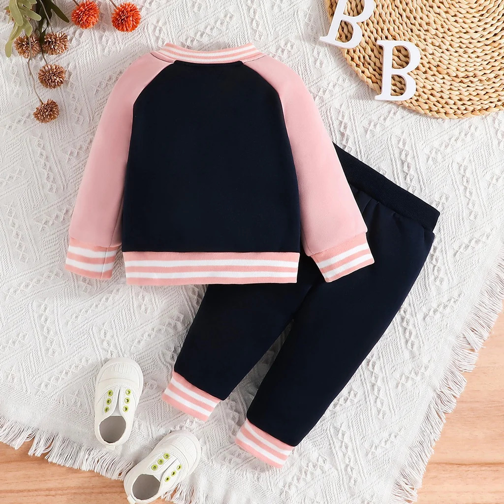 Girl 6 Months - 3 Years old Pink Baseball Uniform Button jacket Long Sleeve Coat and Pants Outfit Toddler Infant Clothing Set 241028