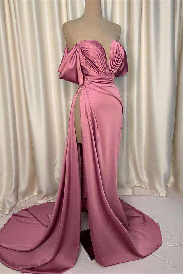Off the Shoulder Sheath Rose Pink Dresses 2024 High Slit Sexy Prom Dress Long Pleat Soft Satin Real Evening Party Gowns BC19680