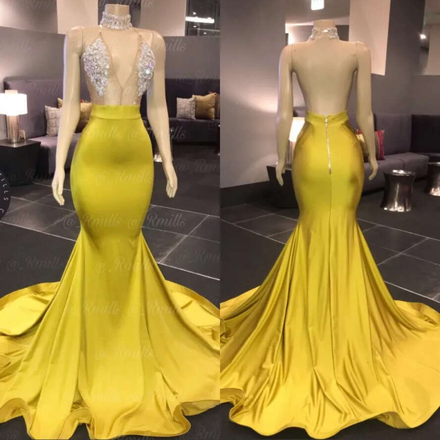 V Neck Sleeveless Sexy Mermaid Prom Dresses 2020 Sweep Train Crytal Stain Formal African Evening Dress Special Ocn Gowns