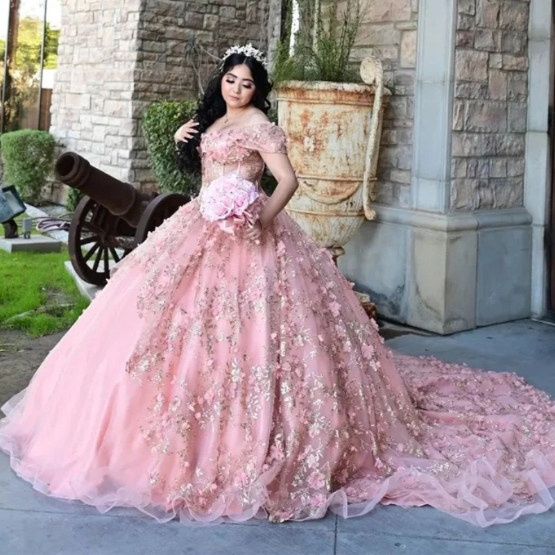 Pink Sweetheart Ball Gown Quinceanera Dresses Sweet 16 Dress Off The Shoulder Gold Sequin Applique Lace Tull Birthday Party Princess Gowns