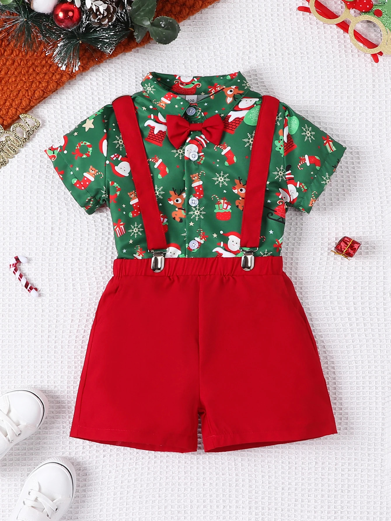 Prowow Baby Christmas Outfit Sets For Kids Necktie Xmas ShirtsRed Overalls Children Year Costume Boys Christmas Clothes 241028
