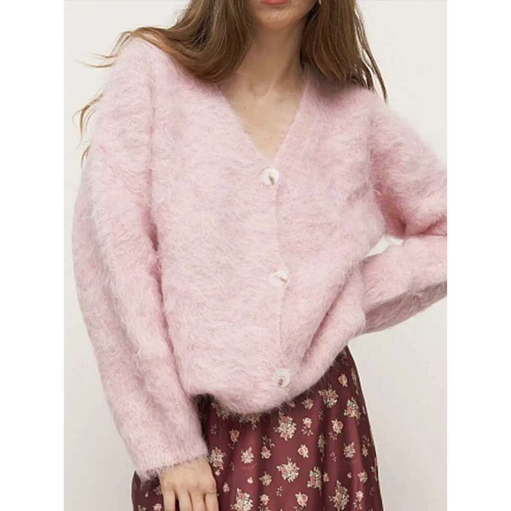 Solid Mohair Knit Cardigan Women Chic V Neck Single Breasted Long Sleeve Loose Sweater 2024 Autumn Female Casual Commuting Tops