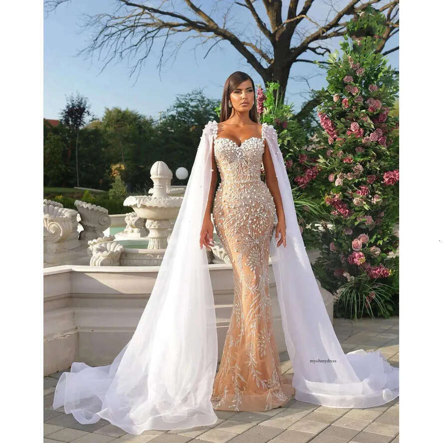 Mrmaid Prom Drsss Slss V Nck Straps Caps Appliqus Squins Badd Or Lngth Lac-Up 3D Lac Parls Evning Drss Plus Siz Bridal Gowns Custom 0431