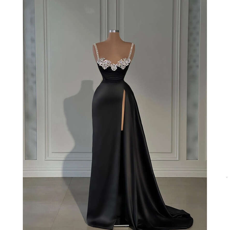 Black Sheath Evening Gown Beaded Straps Crystal Neck Party Prom Dresses Split Formal Long Dress For Special Ocn 0515