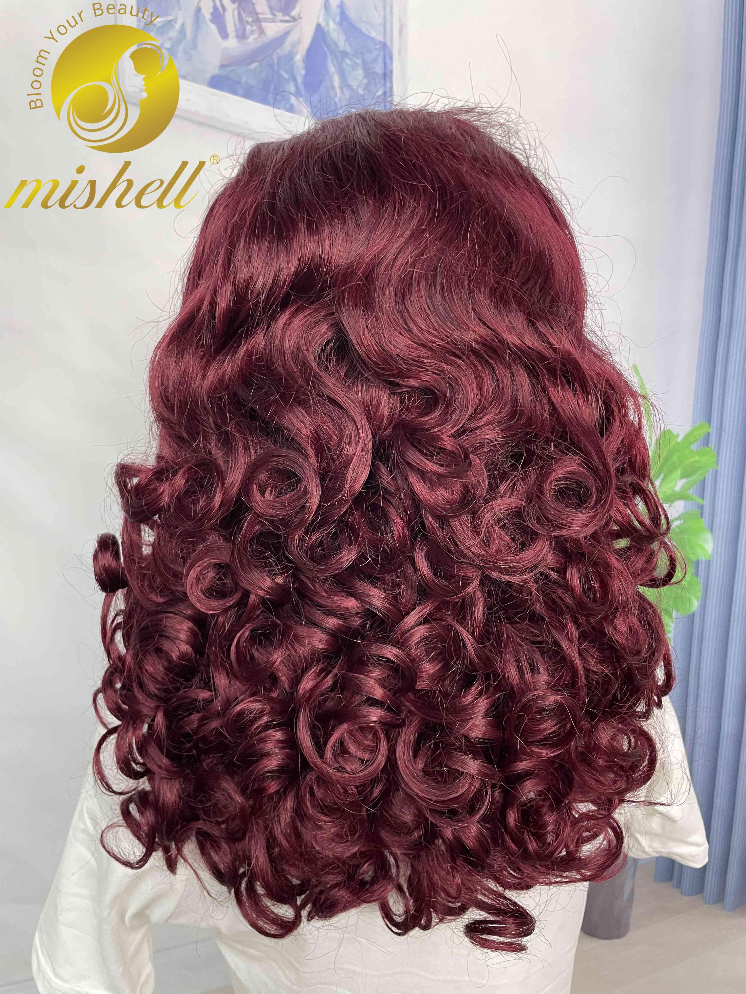 16inch 13x4 Full Lace Frontal Spring Bouncy Curly Human Hair Wigs 250% Density Bury 99J Short Loose Wave Bob Wig PrePlucked