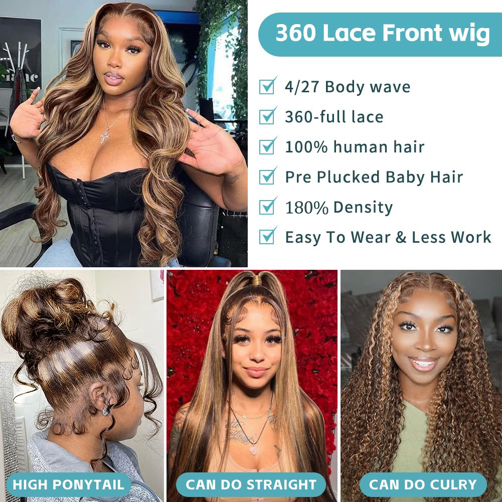 FABA 32 Inch 4/27 Highlight Body Wave Wigs 360 HD Full Lace Wig Human Pre Plucked with Baby Hair For Women 180% Density