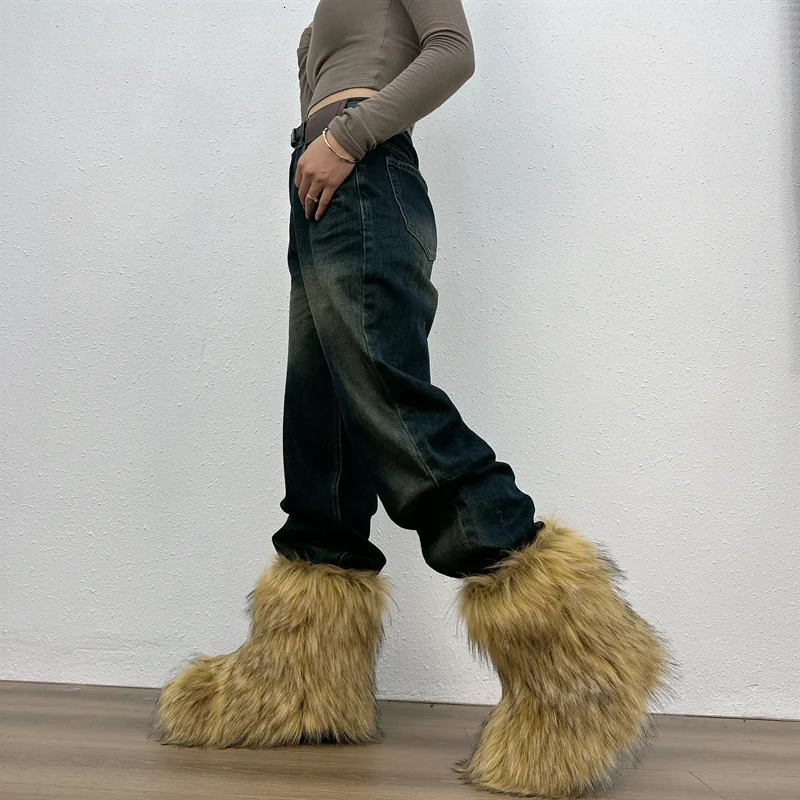 Womens Winter Fluffy Faux Fox Fur Boots Woman Plush Warm Snow Boots Footwear Girls Furry Fur Bottes Fashion Winter Shoe 241028