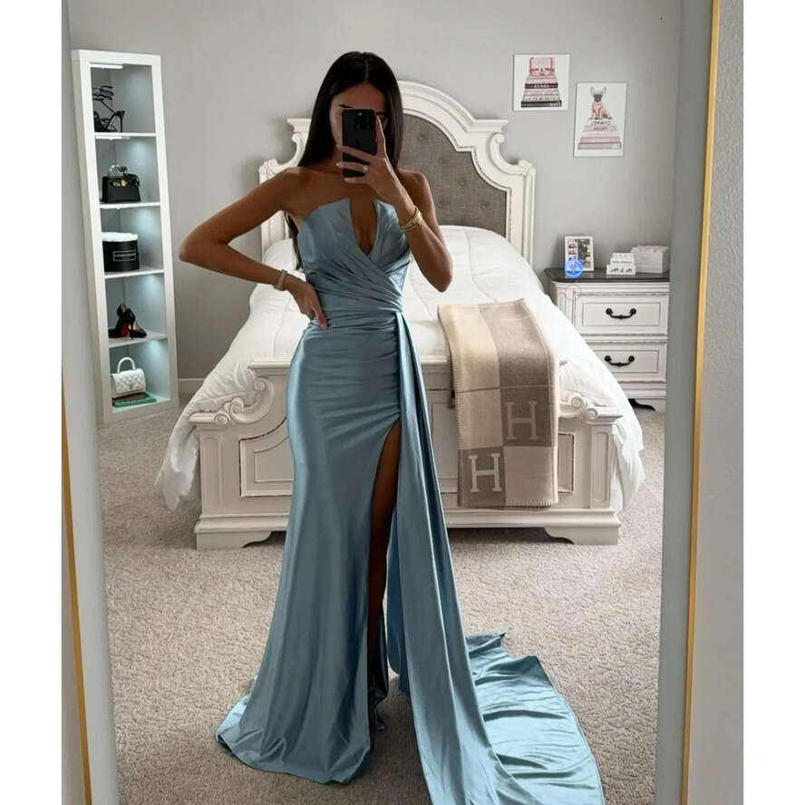 Haze Blue Mermaid Prom Dress V Strapless Evening Dresses Elegant Backless Satin Formal Gowns For Black Women Split Long Robe De Soiree 0515