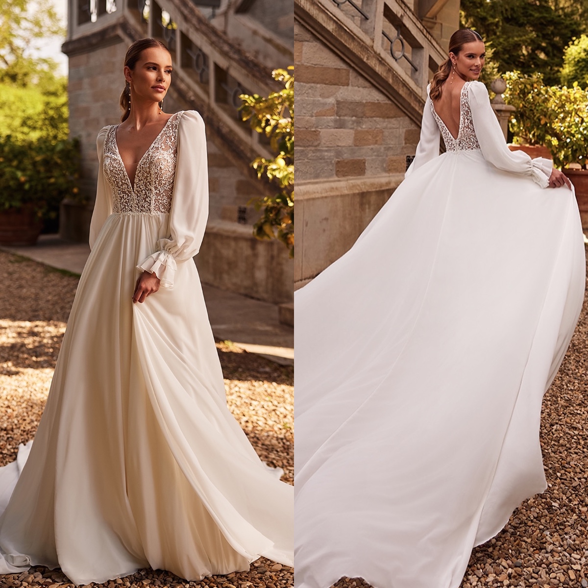 Classic chiffon dresses bridal gowns 2024 v neck long sleeves wedding dress A e lace bodice backless robe de mariee