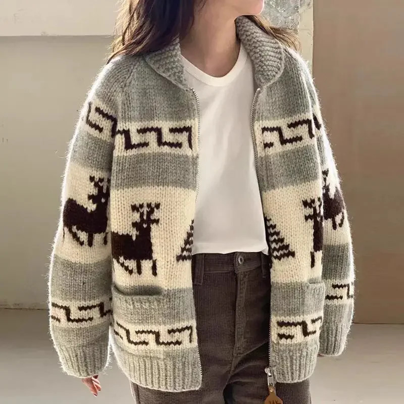 Chicautumn/winter elegant double zipper jacquard knitted cardigan suitable for womens Korean Christmas feeling 241025