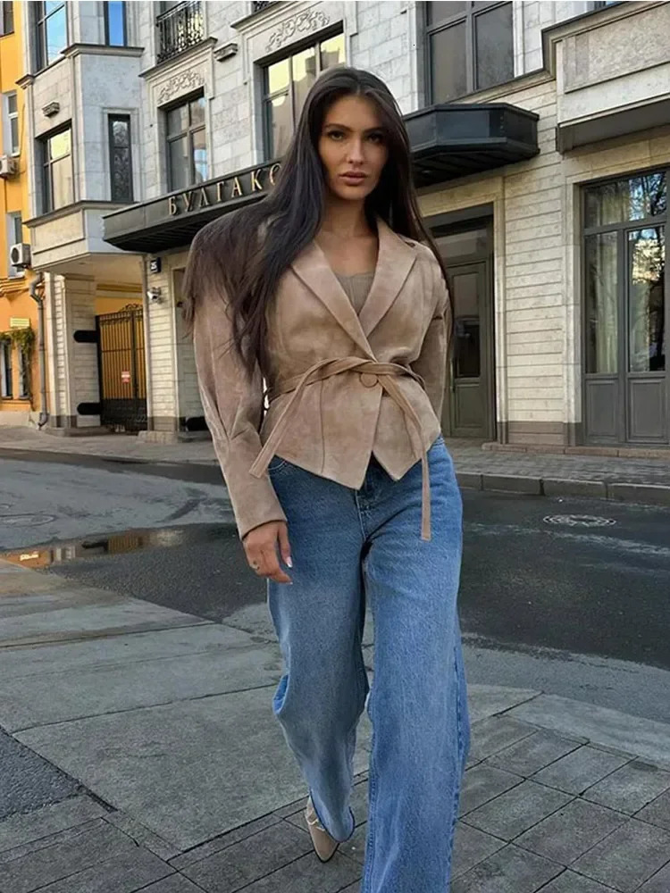 Fashion suede short leather long sleeved jacket for women with pleated shoulder straps lapel button cut jacket womens street jacket 241025