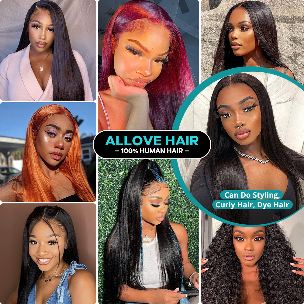 Allove Ready To Go Pre Cut Glueless 13x4 Transparent Straight Lace Front For Women Bleached Knots Wig