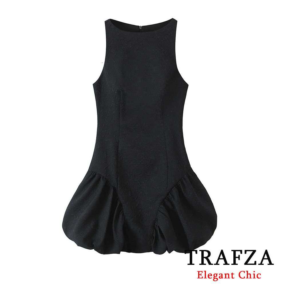 TRAFZA Women Fashion Short Sleeveless Wide Pleated Slim New 2024 Spring Summer Casual Simple Stylish Cool Grey Dress