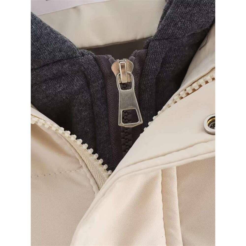TRAFZA Women Fall Winter Padding Three-Color Hooded Fake Two-Piece Zipper Jacket New 2024 Fashion Casual Versatile Coat