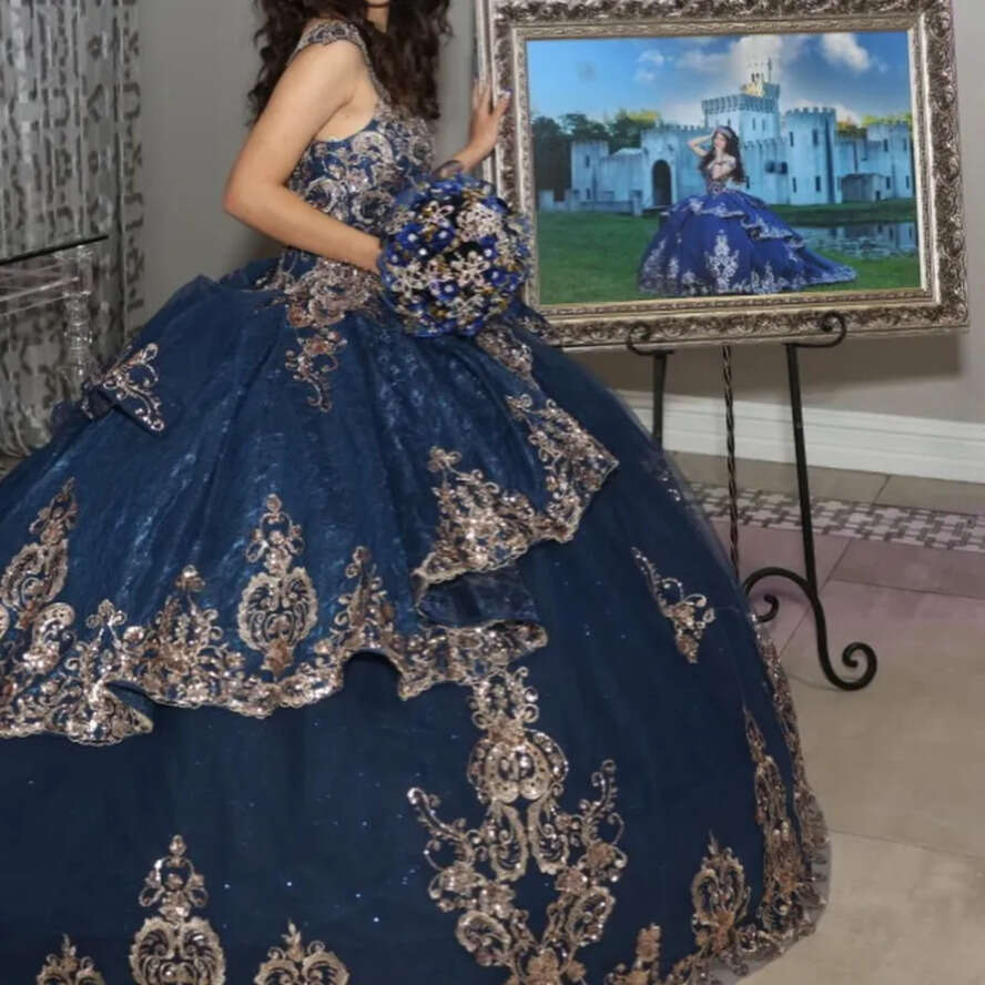 2024 Princess Navy Blue Off Shoulder Quinceanera Dresses Appliques Lace Beads Party Sweet 16 Ball Gown Vestidos De 15 Anos 0629