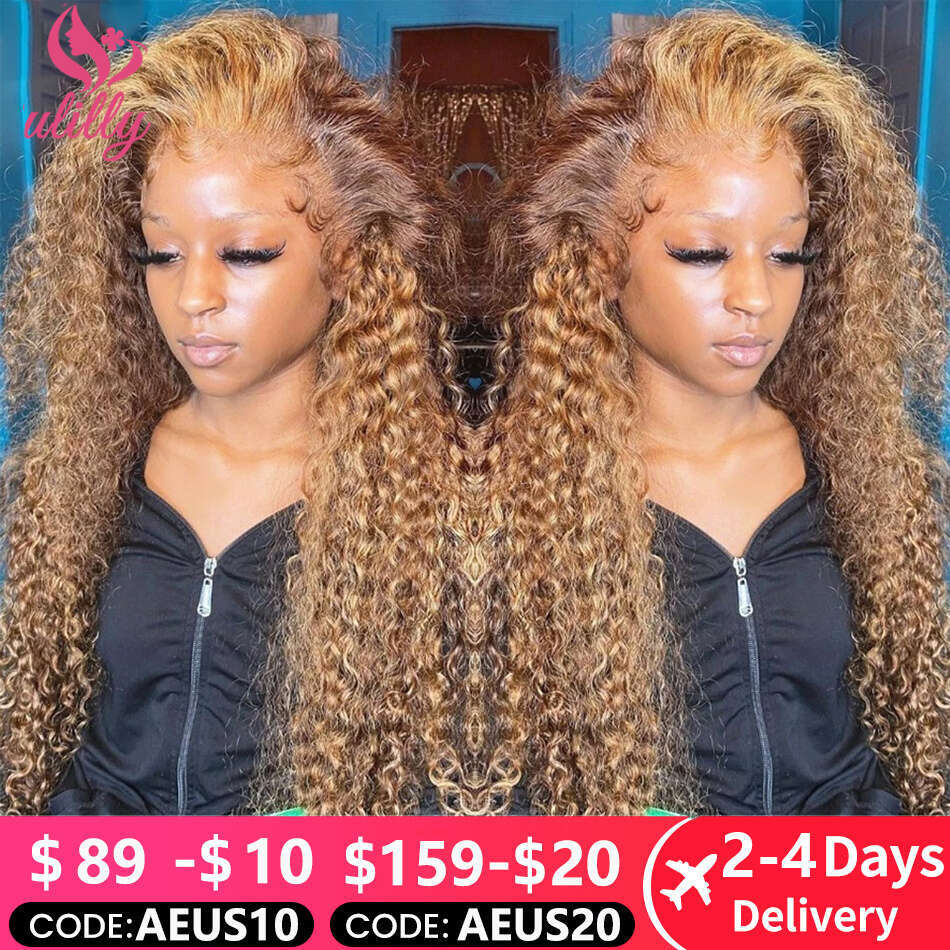 HD x Highlight Wig Human Hair Honey Blonde Brown Lace Front Wigs Deep Curly Water Wave Frontal
