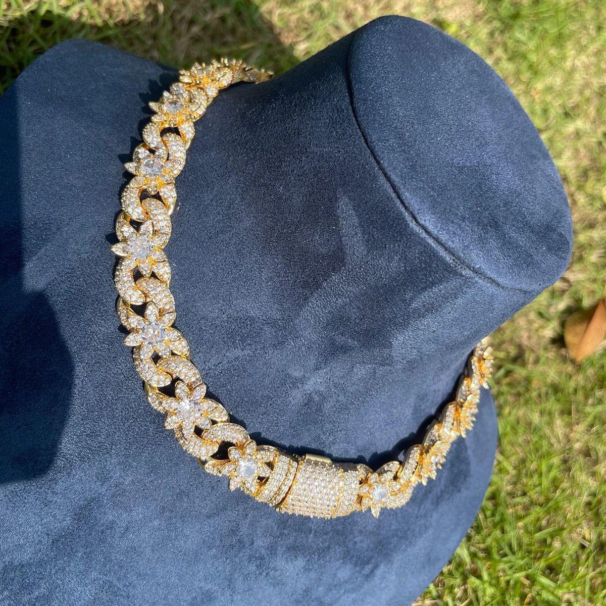 Lotus Flower Cuban Chain Necklace 5A Zircon 18K Gold Plated Women Men Jewelry