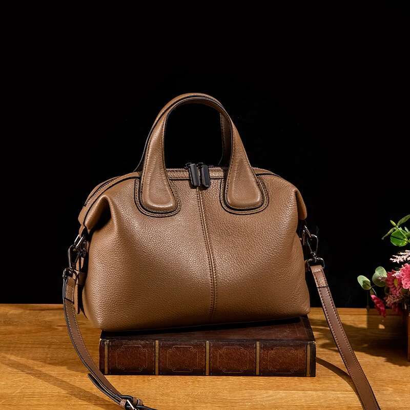 New Thick Cowhide Leather Women Handbag Blue Classic Stylish Large Capacity Female Shoulder Commute Tote Bag For Ladies