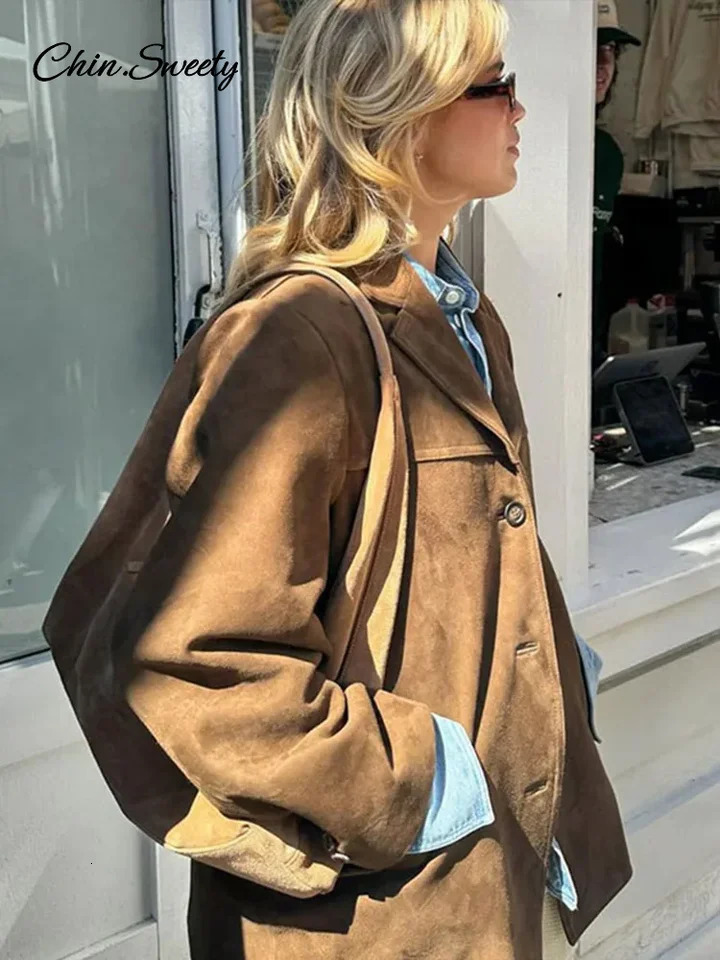 Womens suede jacket loose collar single chest long sleeved pocket jacket womens autumn fashion jacket 241025