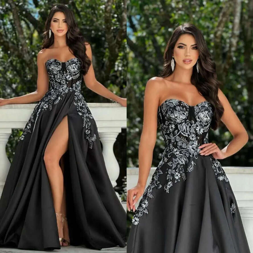 Gorgeous Black Prom Dress A E Sier Appliques Evening Elegant Ruffles Special Ocns Thigh Split Formal Dresses For Women 0515