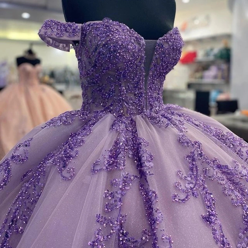 Light Lavender Sweetheart Quinceanera Dresses Ball Gown Sweet 16 Dress Sequin Appliques Lace Beading Tull Party Birthday Vestidos De 15 Anos