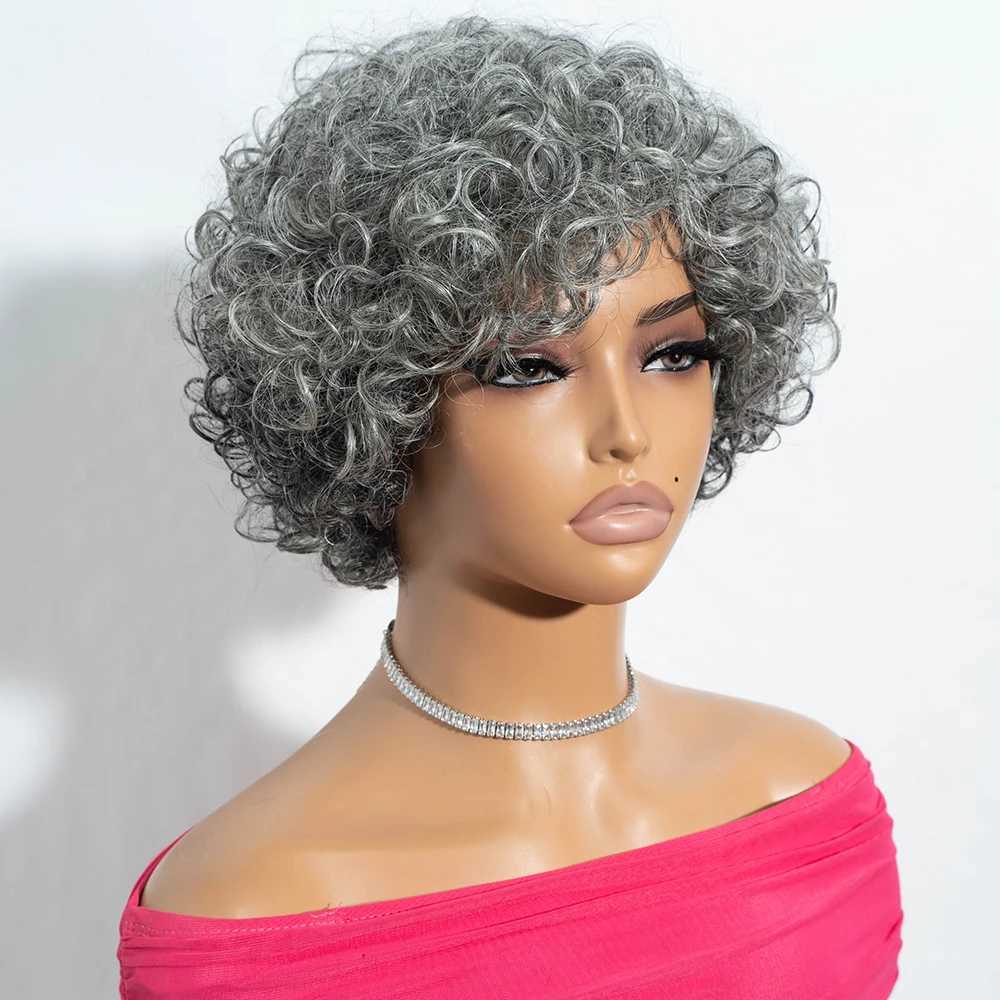 Lekker short silver gray curly Bob 100% Brazilian Remy hair salt and pepper all male wig M241028