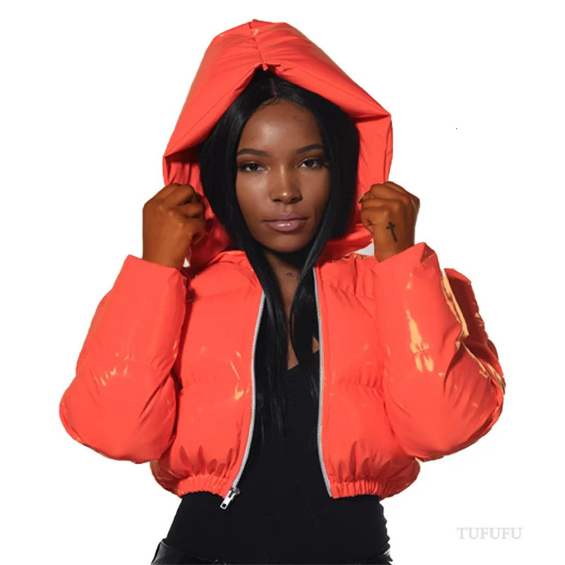 Fashion Cute Women Bright PU Pink Puffer Jacket Winter Warm Bubble Coats Shiny Leather Parkas Down Zipper Cropped Jackets Parkas 241028