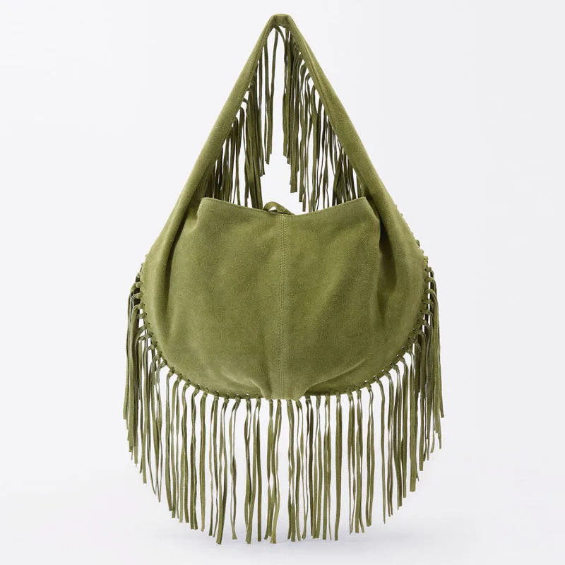 Vintage Frosted tassels Large Capacity Womens Bag Autumn Winter Faux Suede Tote Bucket Bags Lady Handbags 241021